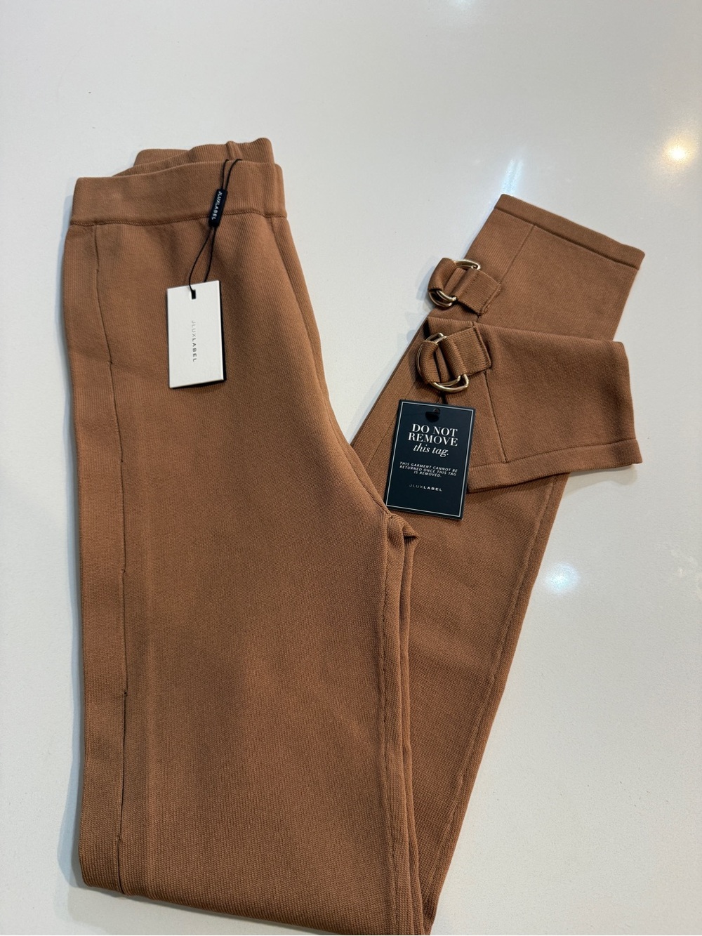 NWT JLUXLABEL Camel Ribbed Knit Skinny Pants Ankle O-Ring Buckle Straps | XS